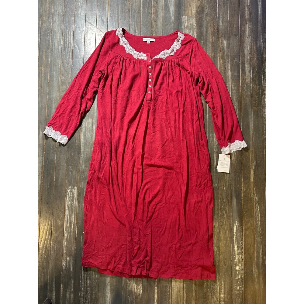 Eileen West Lace Trim Long Sleeve Nightgown Wine Red Ballet Length - Picture 2 of 5
